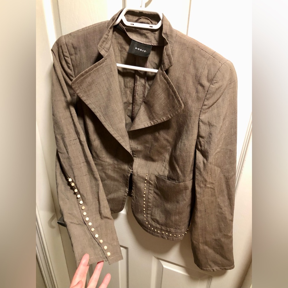 AKRIS Brown & Grey Women's Blazer with Wood Bead Accents